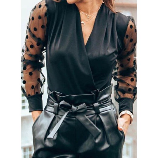 Bluzka z siateczkowymi rękawki w grochy bufiaste rękawy głęboki dekolt stylowa kobieca elegancka czarny (S) Sandbella S sandbella