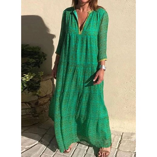 Sukienka maxi do ziemi długa boho rozkloszowana 3/4 rękaw dekolt V falbany luźna wzór lato letnia zielony Arilook 3XL Arilook
