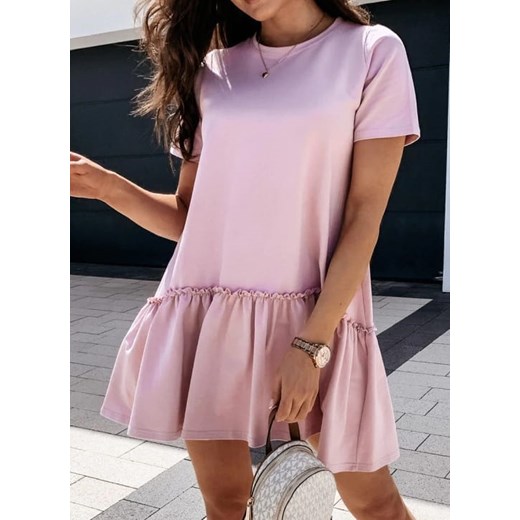 Sukienka mini przed kolano falbany babydoll krótki rękaw lato letnia jednolita luźna różowy Arilook XL Arilook
