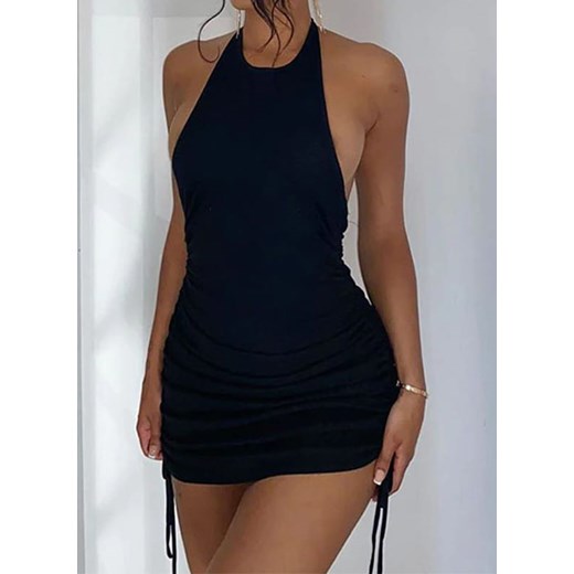 Sukienka mini przed kolano dekolt na szyi odkryte ramiona plecy obcisła ściągacz letnia lato impreza czarny Arilook M Arilook