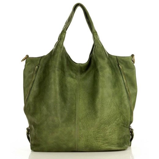 PREMIUM Włoska Pojemna torebka shopper bag z rozpinanymi bokami old pelle lavata zielona Merg one size okazja merg.pl