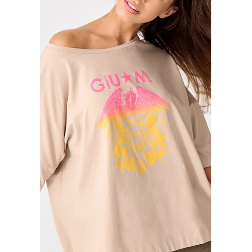 Beżowy t-shirt damski z taśmami Gium One size MONNARI