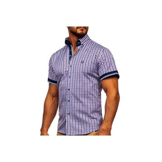 Koszula męska w kratę z krótkim rękawem fioletowa Bolf 4510 L promocja Denley