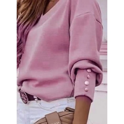 Długi rękaw dekolt V luźna guziki ściągacz jednolity bez wzoru casual sweter na co dzień top bluzka różowy (S) Sandbella XL sandbella