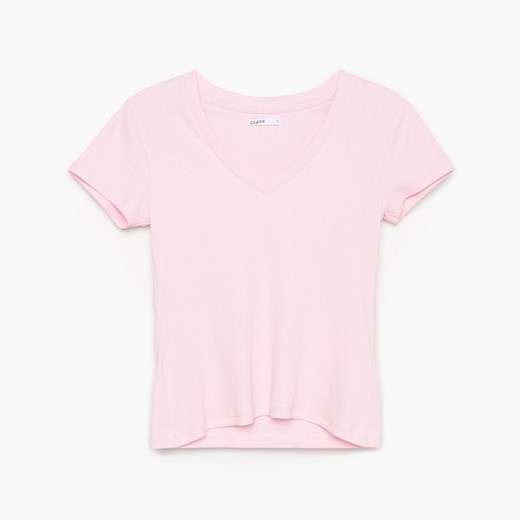 Cropp - Gładka koszulka z dekoltem V - Różowy Cropp S Cropp