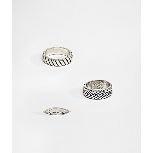 ASOS DESIGN – Zestaw 3 pierścionków w kolorze oksydowanego srebra z tłoczeniem-Srebrny XS Asos Poland