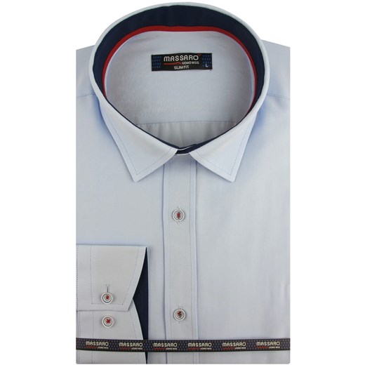 Koszula Męska Massaro gładka  błękitna z długim rękawem w kroju SLIM FIT A608 Massaro XL okazyjna cena ŚWIAT KOSZUL