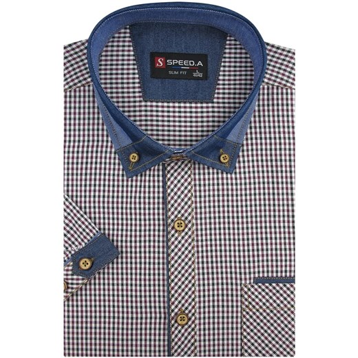 Koszula Męska Speed.A bordowa w drobną kratę z dodatkami jeans z krótkim rękawem w kroju SLIM FIT N047 L ŚWIAT KOSZUL