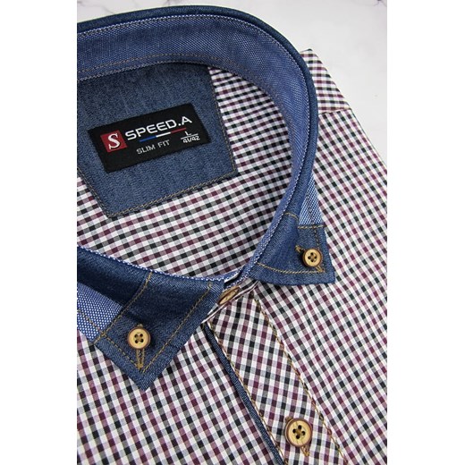 Koszula Męska Speed.A bordowa w drobną kratę z dodatkami jeans z krótkim rękawem w kroju SLIM FIT N047 L ŚWIAT KOSZUL