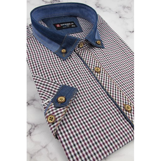 Koszula Męska Speed.A bordowa w drobną kratę z dodatkami jeans z krótkim rękawem w kroju SLIM FIT N047 L ŚWIAT KOSZUL