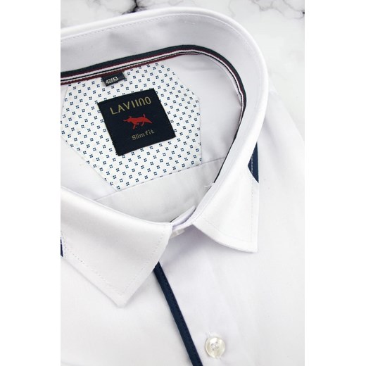 Koszula Męska Elegancka gładka biała z granatową lamówką Laviino z krótkim rękawem w kroju SLIM FIT N137 Laviino XL wyprzedaż ŚWIAT KOSZUL