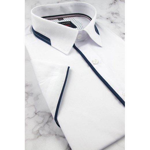 Koszula Męska Elegancka gładka biała z granatową lamówką Laviino z krótkim rękawem w kroju SLIM FIT N137 Laviino XL okazja ŚWIAT KOSZUL
