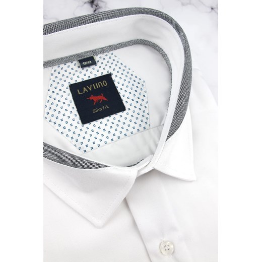 Koszula Męska Elegancka gładka biała z szarą lamówką Laviino z krótkim rękawem w kroju SLIM FIT N140 Laviino L promocja ŚWIAT KOSZUL
