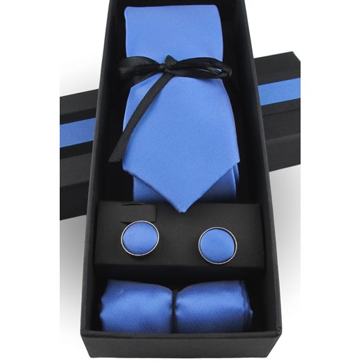 Krawat Męski Elegancki Zestaw Spinki Poszetka wąski śledź gładki  niebieski błękitny M297 Laviino ŚWIAT KOSZUL promocja