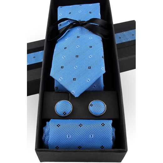 Krawat Męski Elegancki Zestaw Spinki Poszetka wąski śledź niebieski we wzory M308 Laviino promocja ŚWIAT KOSZUL