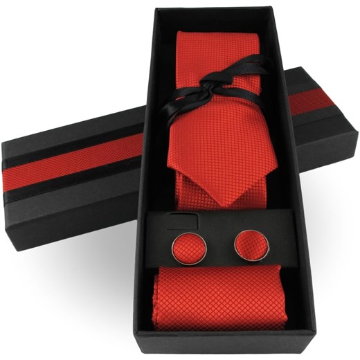 Krawat Męski Elegancki Zestaw Spinki Poszetka na prezent czerwony makowy w delikatną kratę  M388 Laviino promocja ŚWIAT KOSZUL