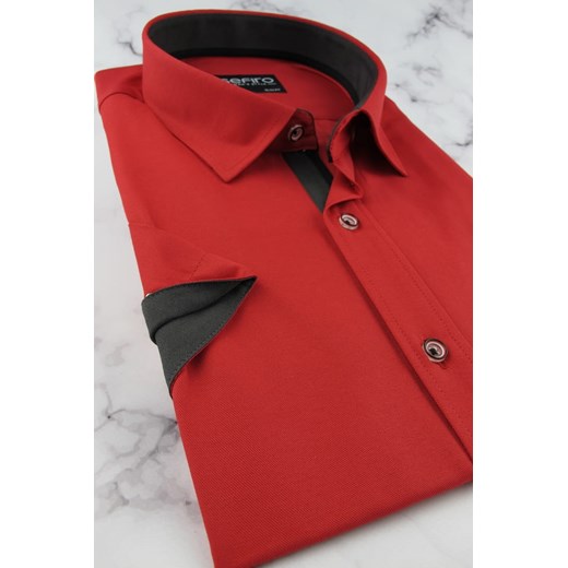 Koszula Męska Elegancka gładka czerwona makowa z krótkim rękawem w kroju SLIM FIT Sefiro N210 Sefiro M promocja ŚWIAT KOSZUL