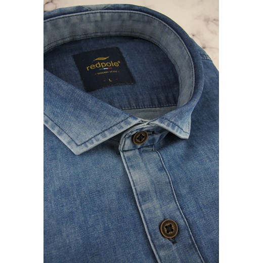 Koszula Męska Jeansowa Dżinsowa gładka niebieska z długim rękawem w kroju SLIM FIT Redpolo B008 3XL ŚWIAT KOSZUL