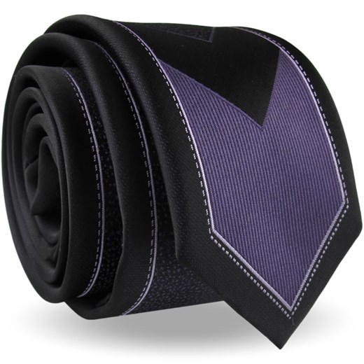 Krawat Męski Elegancki Modny Śledź wąski czarny w fioletowe paski wzory z połyskiem G497 wyprzedaż ŚWIAT KOSZUL