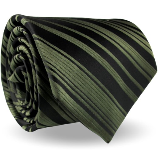 Krawat Męski Elegancki Modny Klasyczny szeroki oliwkowy zielony w paski z połyskiem G566 Dunpillo promocja ŚWIAT KOSZUL