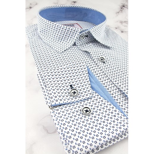 Koszula Męska Elegancka Wizytowa do garnituru biała we wzorki z długim rękawem w kroju SLIM FIT Bassi B081 L okazja ŚWIAT KOSZUL