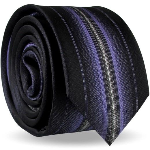 Krawat Męski Elegancki Modny Śledź wąski czarny w fioletowe paski G507 Men'scollection ŚWIAT KOSZUL promocja
