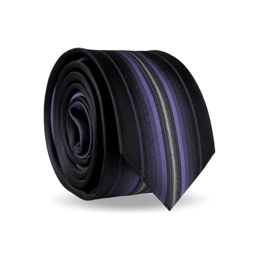 Krawat Męski Elegancki Modny Śledź wąski czarny w fioletowe paski G507 Men'scollection okazyjna cena ŚWIAT KOSZUL