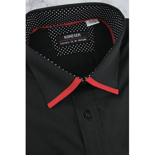 Koszula Męska Elegancka Wizytowa do garnituru gładka czarna z długim rękawem w kroju REGULAR Koneser B256 Koneser XL promocyjna cena ŚWIAT KOSZUL