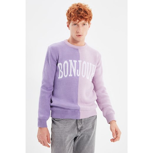 Trendyol Lilac Men's Slim Fit Crew Neck Paneled Slogan Knitwear Sweater Trendyol M Factcool