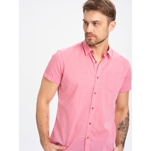Różowa koszula męska w kratę, krótki rękaw Slim Fit K-ODYS M Volcano.pl