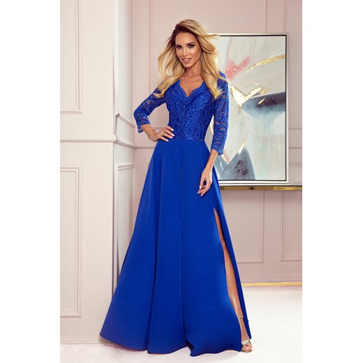 Sukienka Numoco niebieska z dekoltem w literę v wieczorowa z długimi rękawami elegancka maxi 