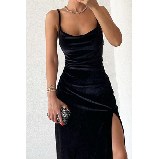 IVET sukienka z dekoltem w literę v na ramiączkach czarna midi na co dzień 
