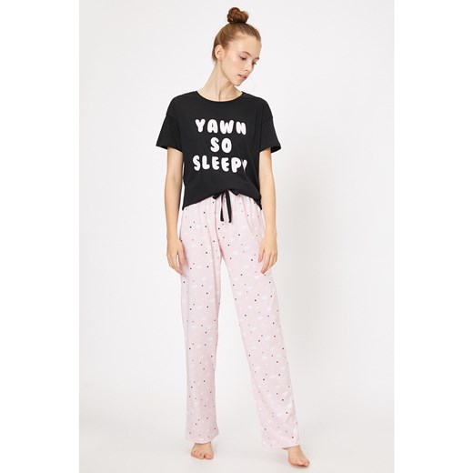 Koton Women's Pink Crew Neck Short Sleeve Printed Pajamas Set Koton L Factcool