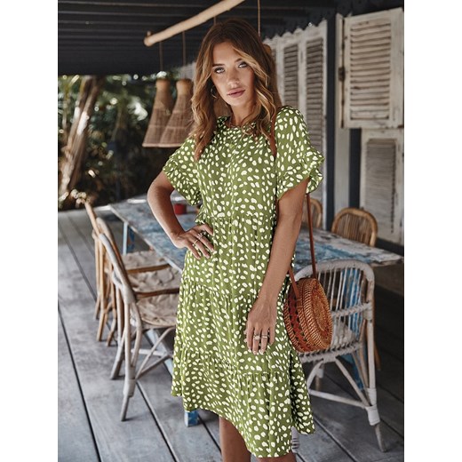 Sukienka Coconut Sunwear zielona z okrągłym dekoltem bawełniana na wiosnę z krótkimi rękawami 