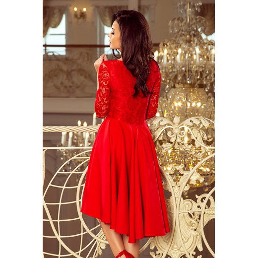 Nicolle - sukienka z dłuższym tyłem z koronkowym dekoltem - czerwona - Rozmiar L Numoco 46 (XXXL) Jesteś Modna wyprzedaż