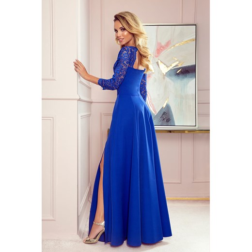 Amber elegancka koronkowa długa suknia z dekoltem - chabrowa - Rozmiar XL Numoco 42 (XL) Jesteś Modna promocja