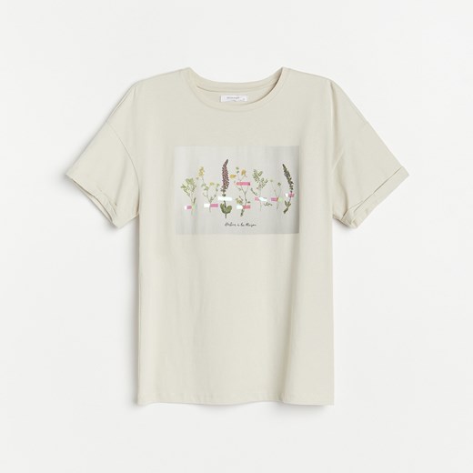 Reserved - Bawełniany t-shirt z florystycznym nadrukiem - Beżowy Reserved XL Reserved promocyjna cena