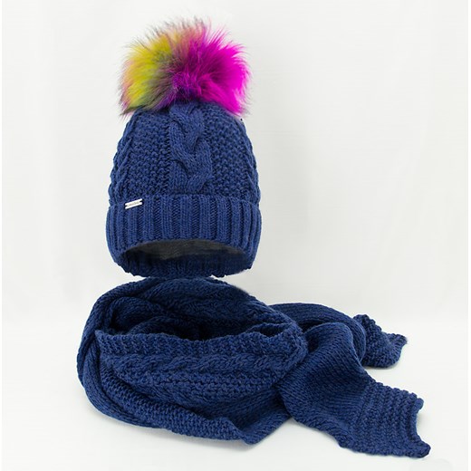 Zimowy komplet damski granatowa czapka z kolorowym pomponem szalik Amaltea AMALTEA