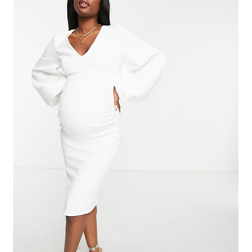 True Violet Maternity – Biała sukienka midi z głębokim dekoltem i szerokimi rękawami-Biały True Violet Maternity 40 Asos Poland