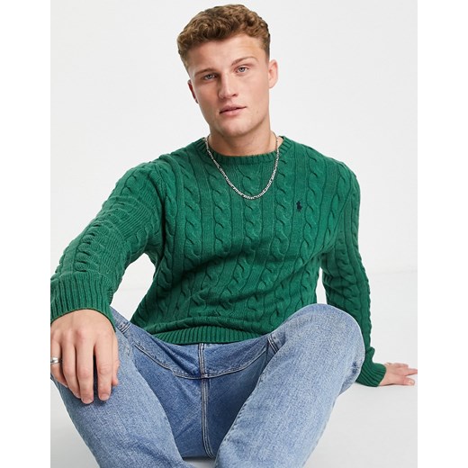 Polo Ralph Lauren – Zielony melanżowy sweter z bawełny o warkoczowym splocie z logo Polo Ralph Lauren S Asos Poland
