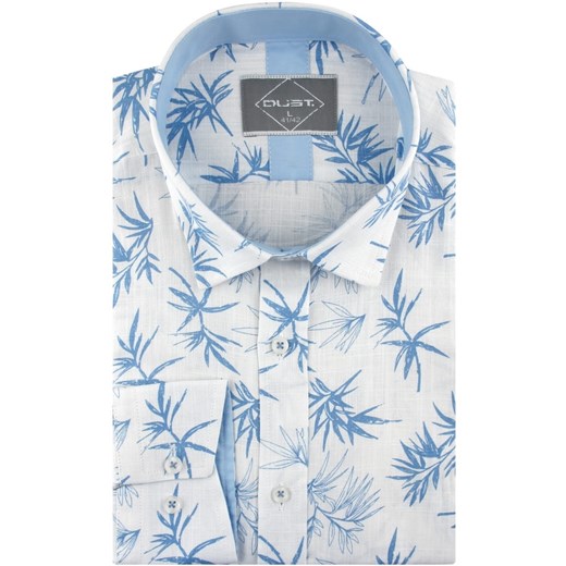 Lniana Koszula Męska Codzienna Casual biała w błękitne liście z długim rękawem w kroju SLIM FIT Dust B478 Dust. XL ŚWIAT KOSZUL