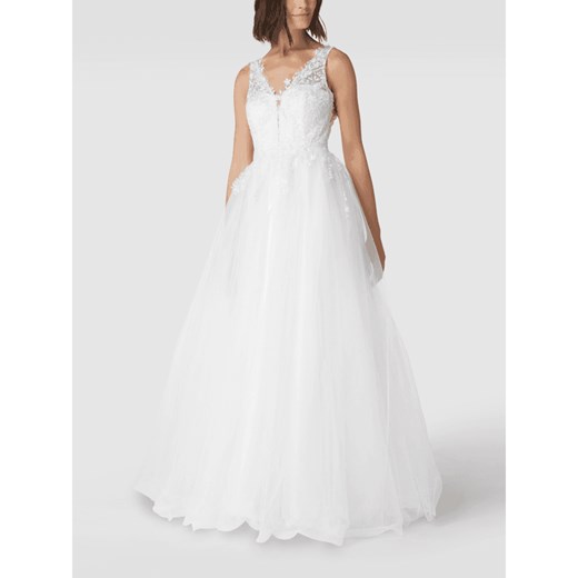 Sukienka biała Troyden Collection z dekoltem w serek maxi bez rękawów na ślub cywilny z haftami 