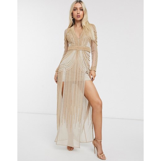 ASOS DESIGN – Sukienka maxi z wysokimi rozporkami zdobiona sztucznymi perełkami-Różowy 44 Asos Poland