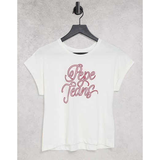 Pepe Jeans – Alberta – Biały T-shirt z dużym logo z przodu-Granatowy Pepe Jeans L wyprzedaż Asos Poland