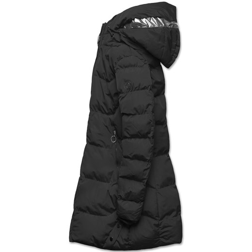 Czarna długa pikowana zimowa kurtka płaszczyk z kapturem srebrna wstawka Dramond L promocja dramond.pl