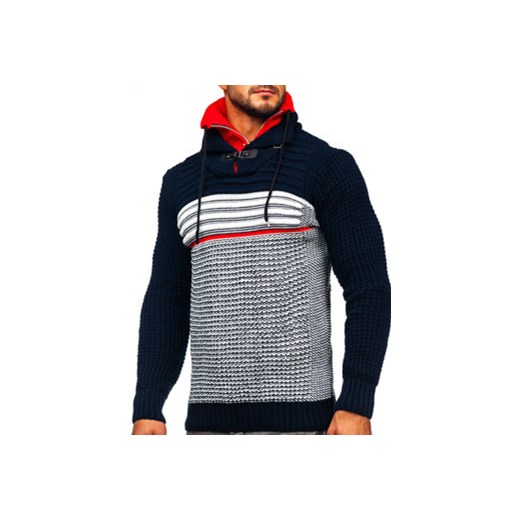 Granatowo-czerwony gruby sweter męski ze stójką Denley 2026 XL promocja Denley