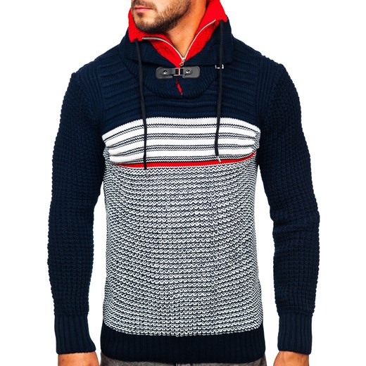 Granatowo-czerwony gruby sweter męski ze stójką Denley 2026 2XL Denley promocyjna cena