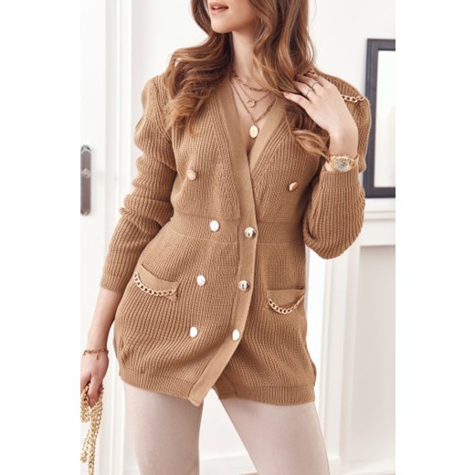 Dwurzędowy sweter z łańcuszkami karmelowy 321975 UNIW fasardi.com