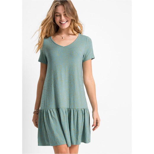 Sukienka shirtowa z falbaną i połyskującym nadrukiem | bonprix 36/38 promocyjna cena bonprix