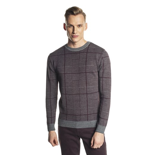 Sweter bordowy w kratę z wełną Recman GRILLONS Recman XXL Eye For Fashion